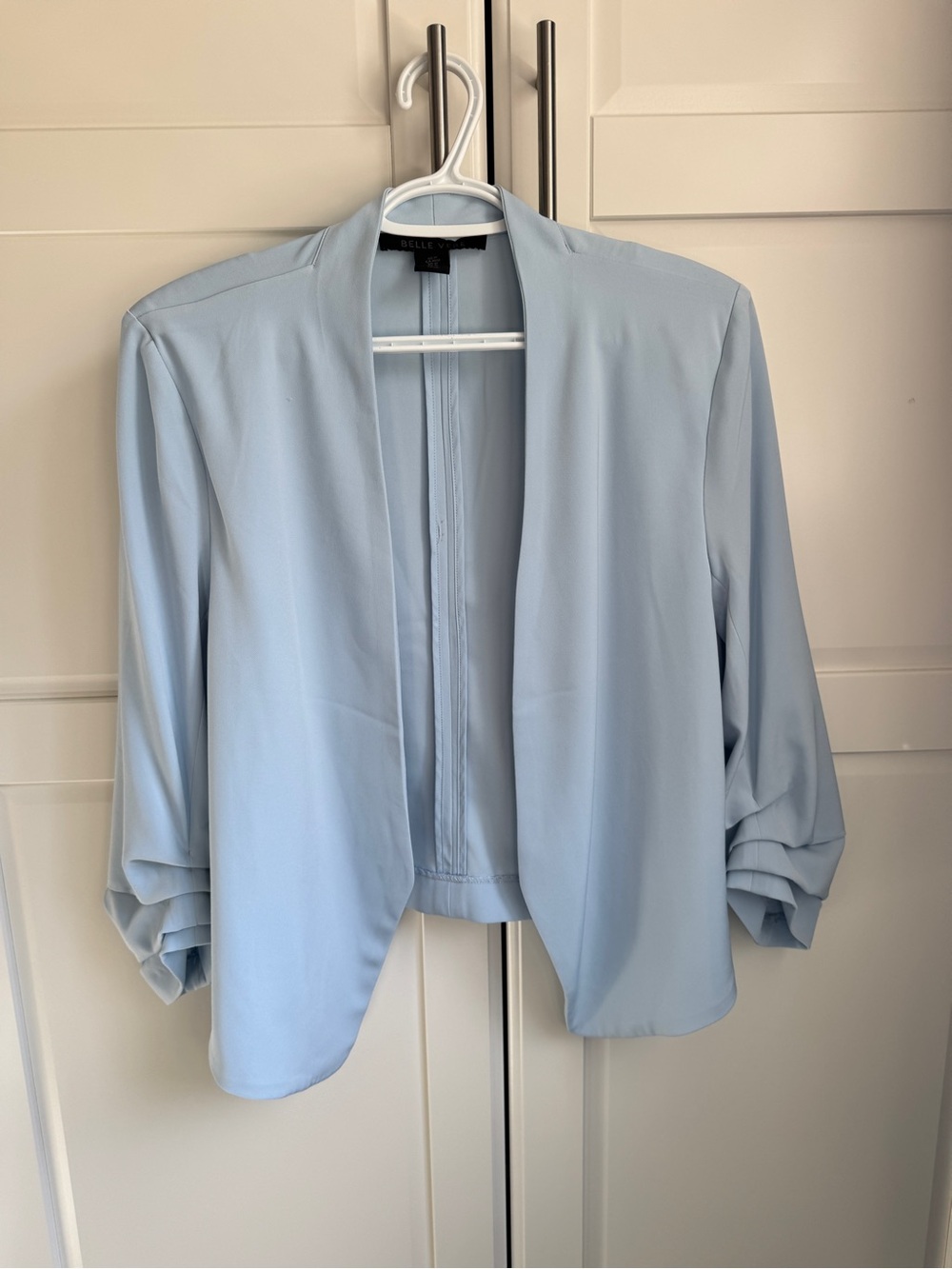 Belle Vere Light Blue Open Front Ruched 3/4 Sleeve Blazer Size M